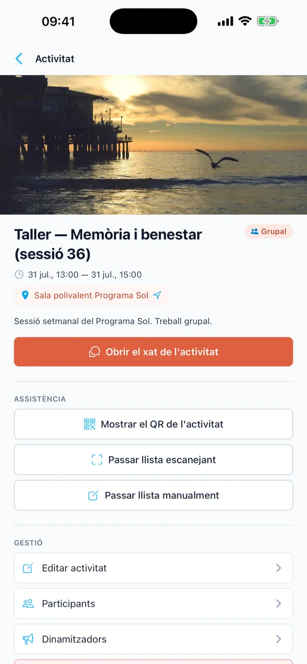 L'app de Vinclam: una activitat, amb el QR i la llista d'assistència