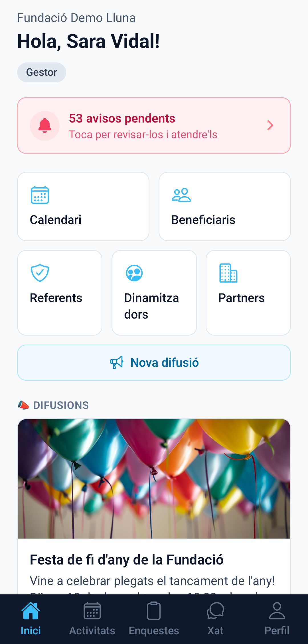Vista de l'app mòbil de Vinclam: pantalla d'inici